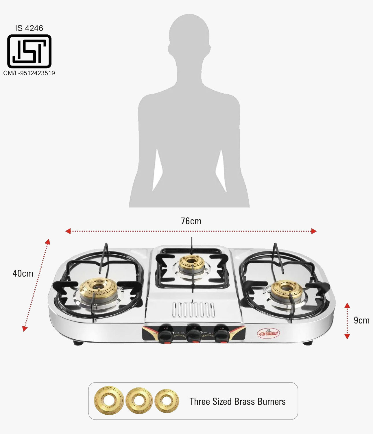 Vansh Homes Tulip Step Stainless Steel LPG 3 Burner Gas Stove