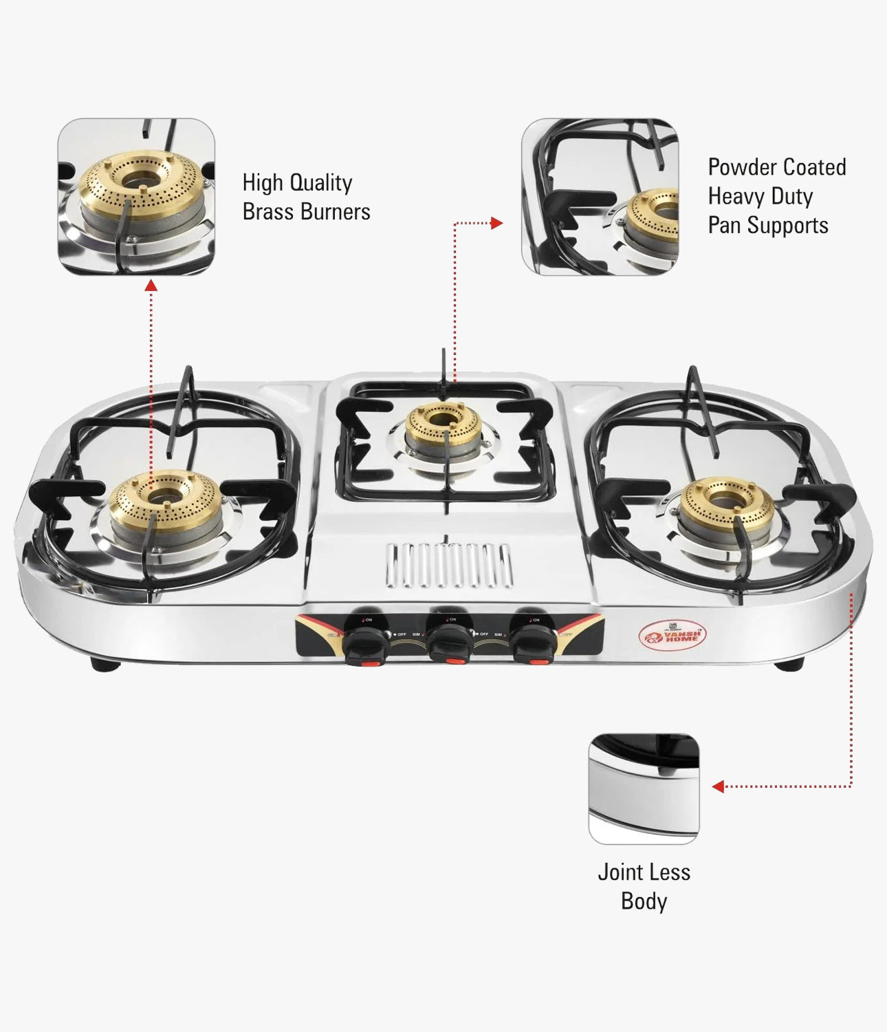 Vansh Homes Tulip Step Stainless Steel LPG 3 Burner Gas Stove
