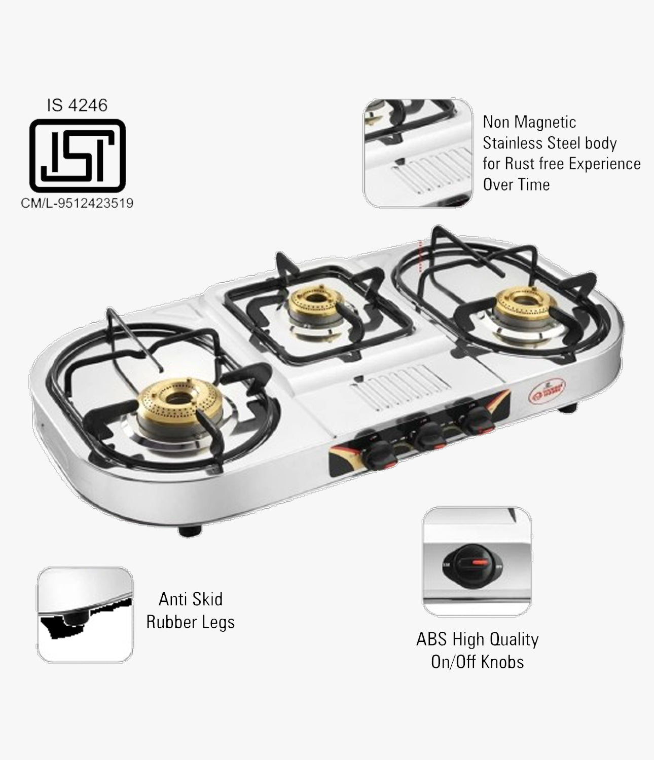 Vansh Homes Tulip Step Stainless Steel LPG 3 Burner Gas Stove