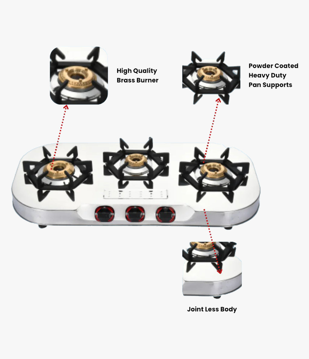 Vansh Homes Tulip Prime Stainless Steel LPG 3 Burner Gas Stove