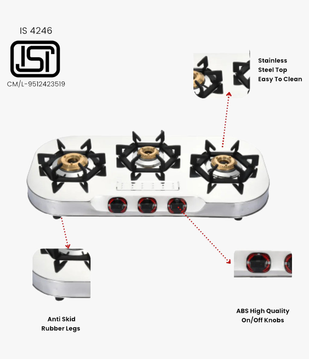 Vansh Homes Tulip Prime Stainless Steel LPG 3 Burner Gas Stove