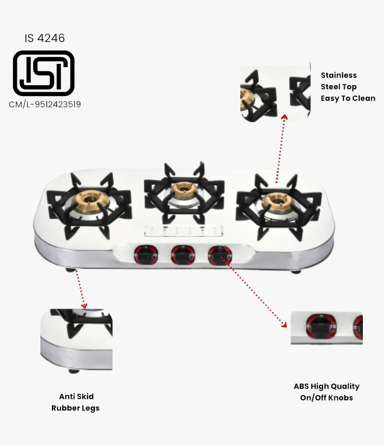 Vansh Homes Tulip Prime Stainless Steel LPG 3 Burner Gas Stove