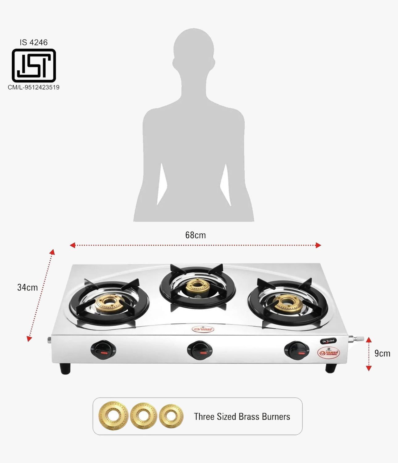 Vansh Homes Tulip Star Stainless Steel LPG 3 Burner Gas Stove