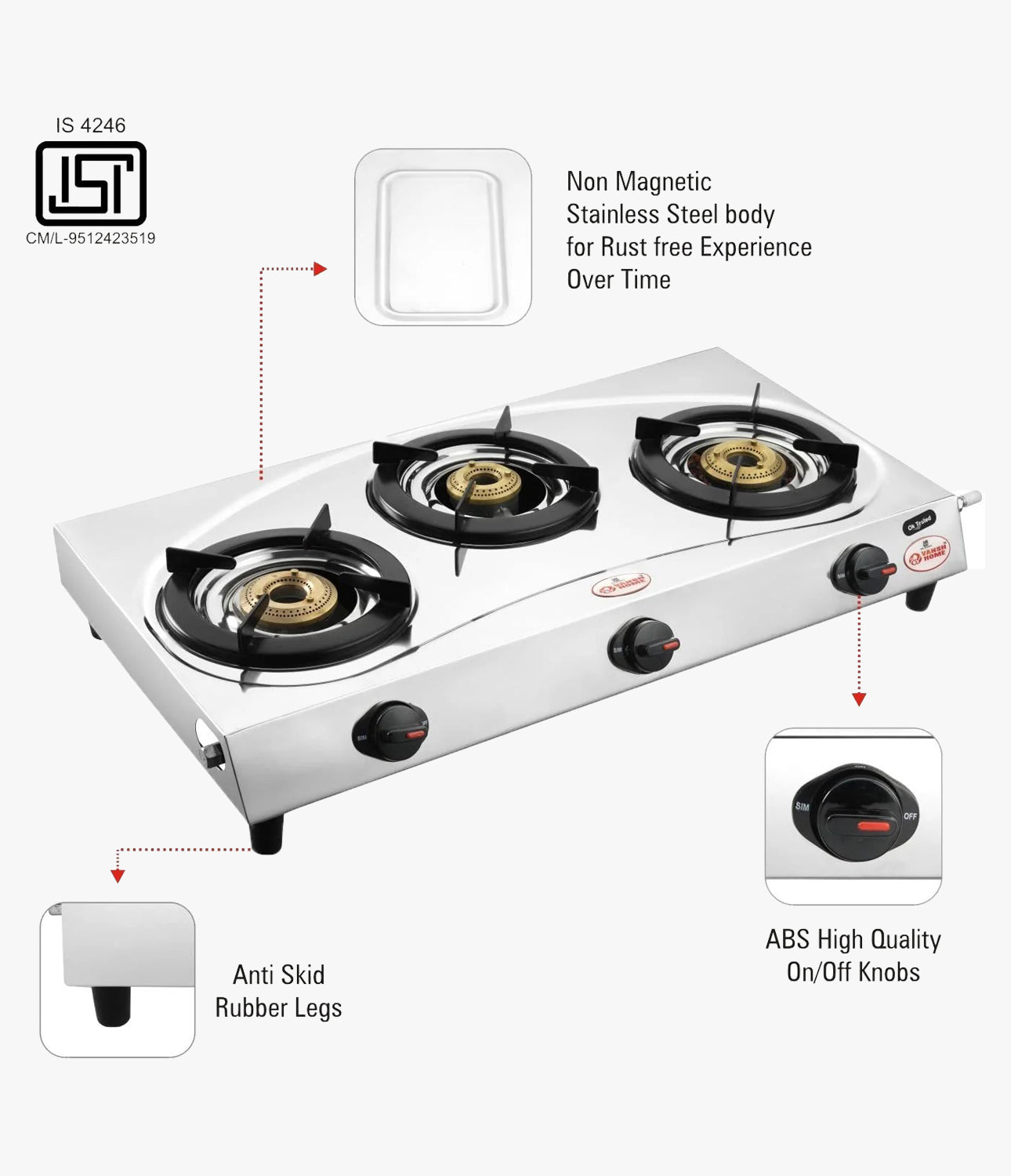 Vansh Homes Tulip Star Stainless Steel LPG 3 Burner Gas Stove