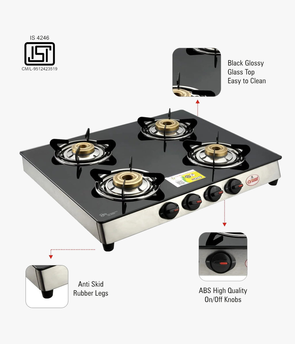 Vansh Homes Flamingo Super Toughened Glass LPG 4 Burner Gas Stove