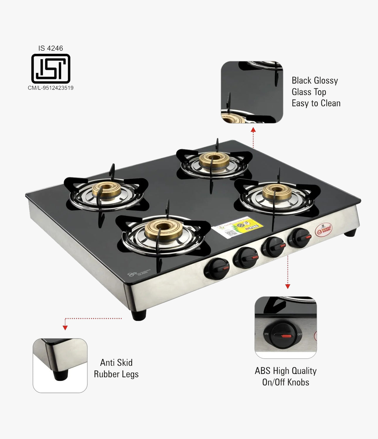 Vansh Homes Flamingo Super Toughened Glass LPG 4 Burner Gas Stove