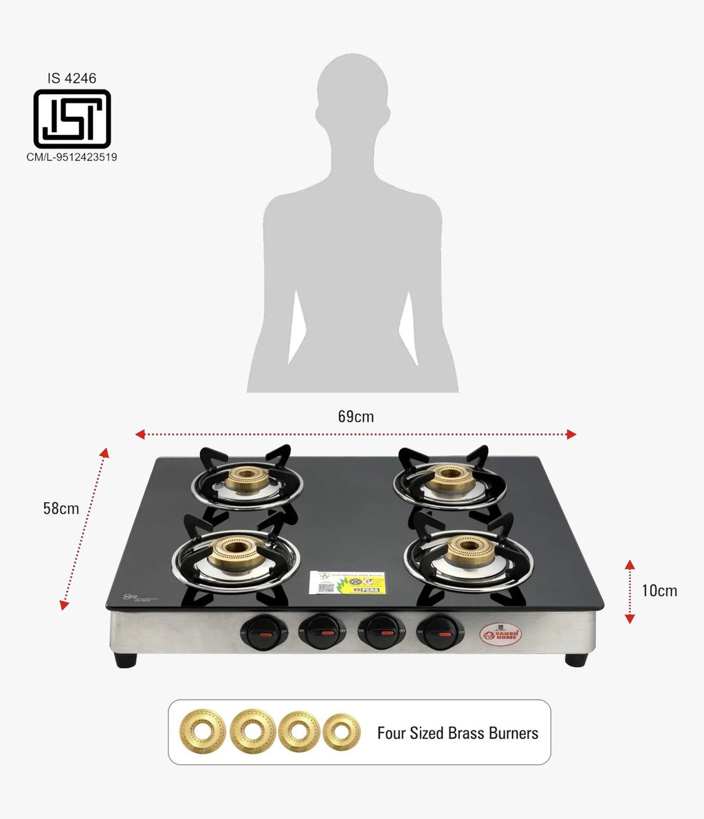 Vansh Homes Flamingo Super Toughened Glass LPG 4 Burner Gas Stove