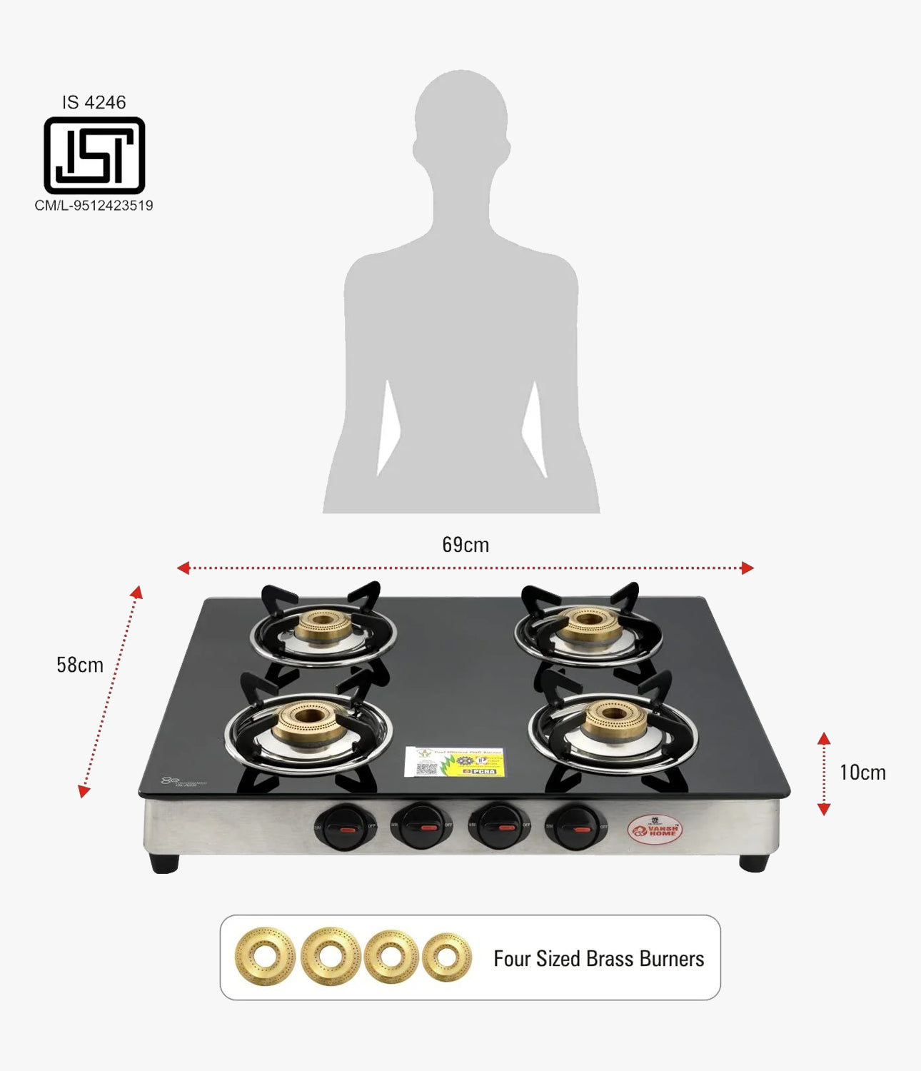 Vansh Homes Flamingo Super Toughened Glass LPG 4 Burner Gas Stove