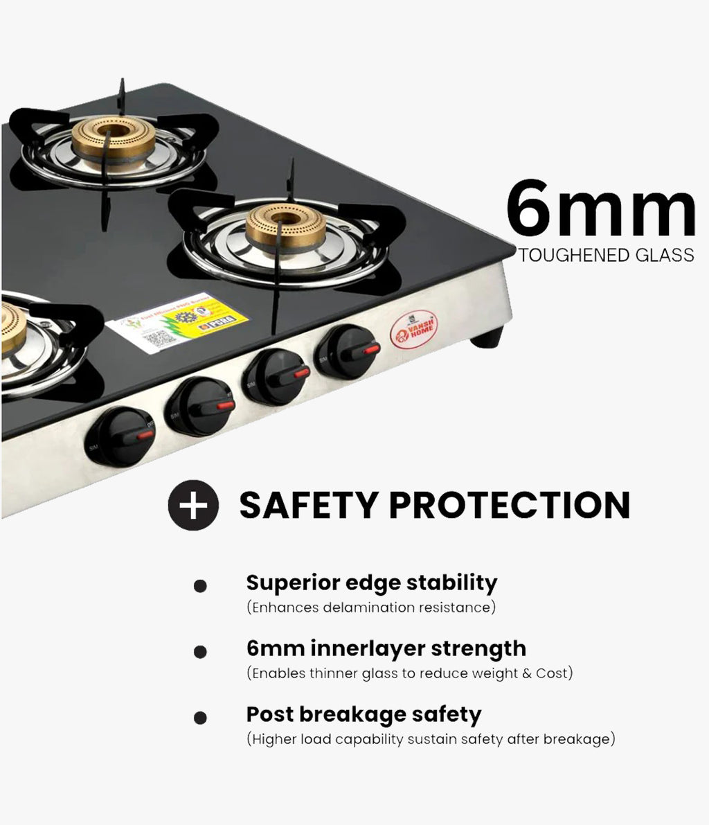 Vansh Homes Flamingo Super Toughened Glass LPG 4 Burner Gas Stove