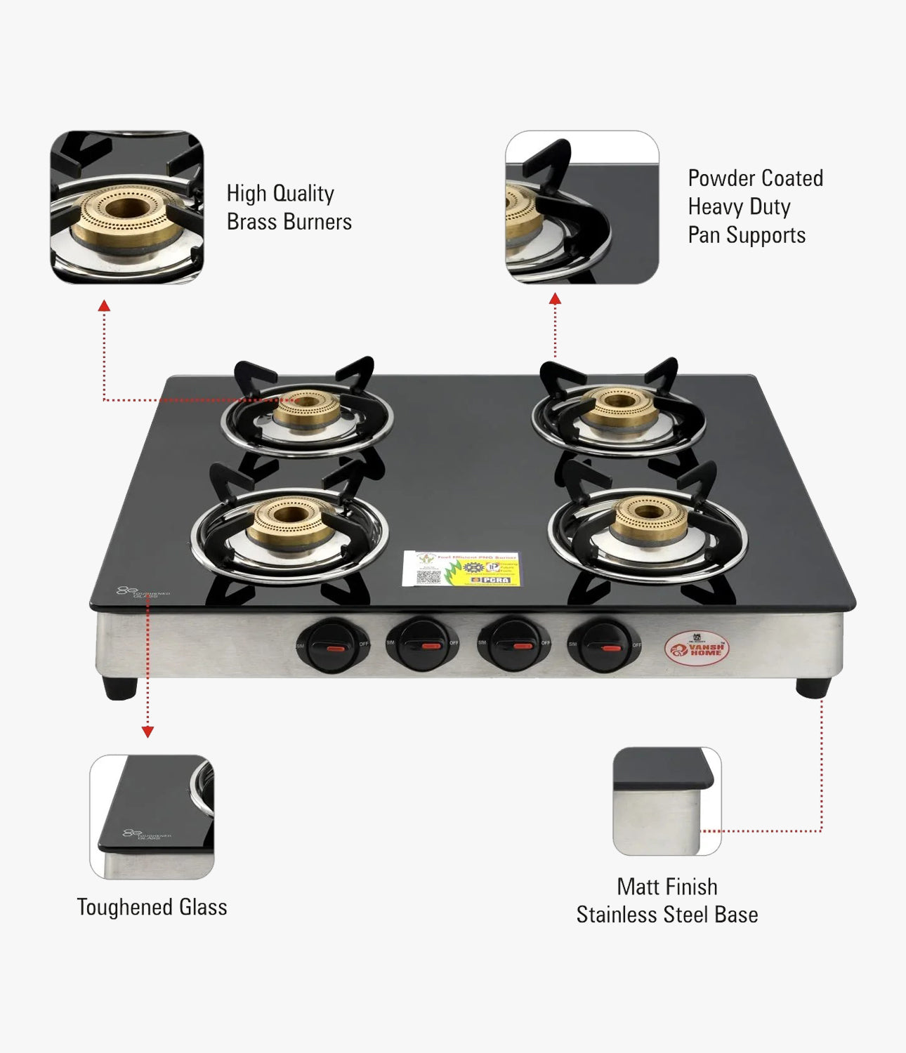 Vansh Homes Flamingo Super Toughened Glass LPG 4 Burner Gas Stove