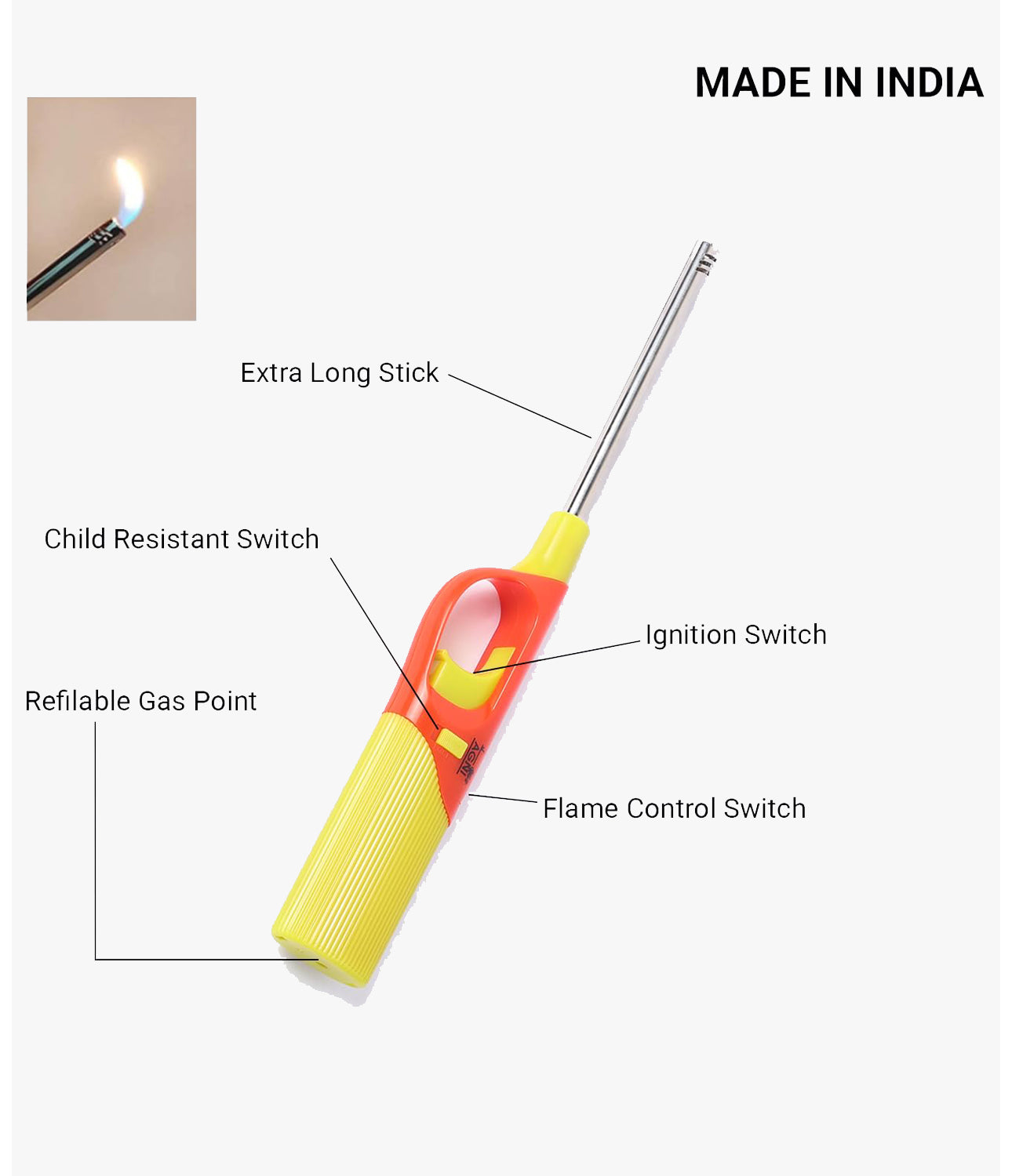 Agni Multipurpose Flame Gas Lighter With Refill Yellow