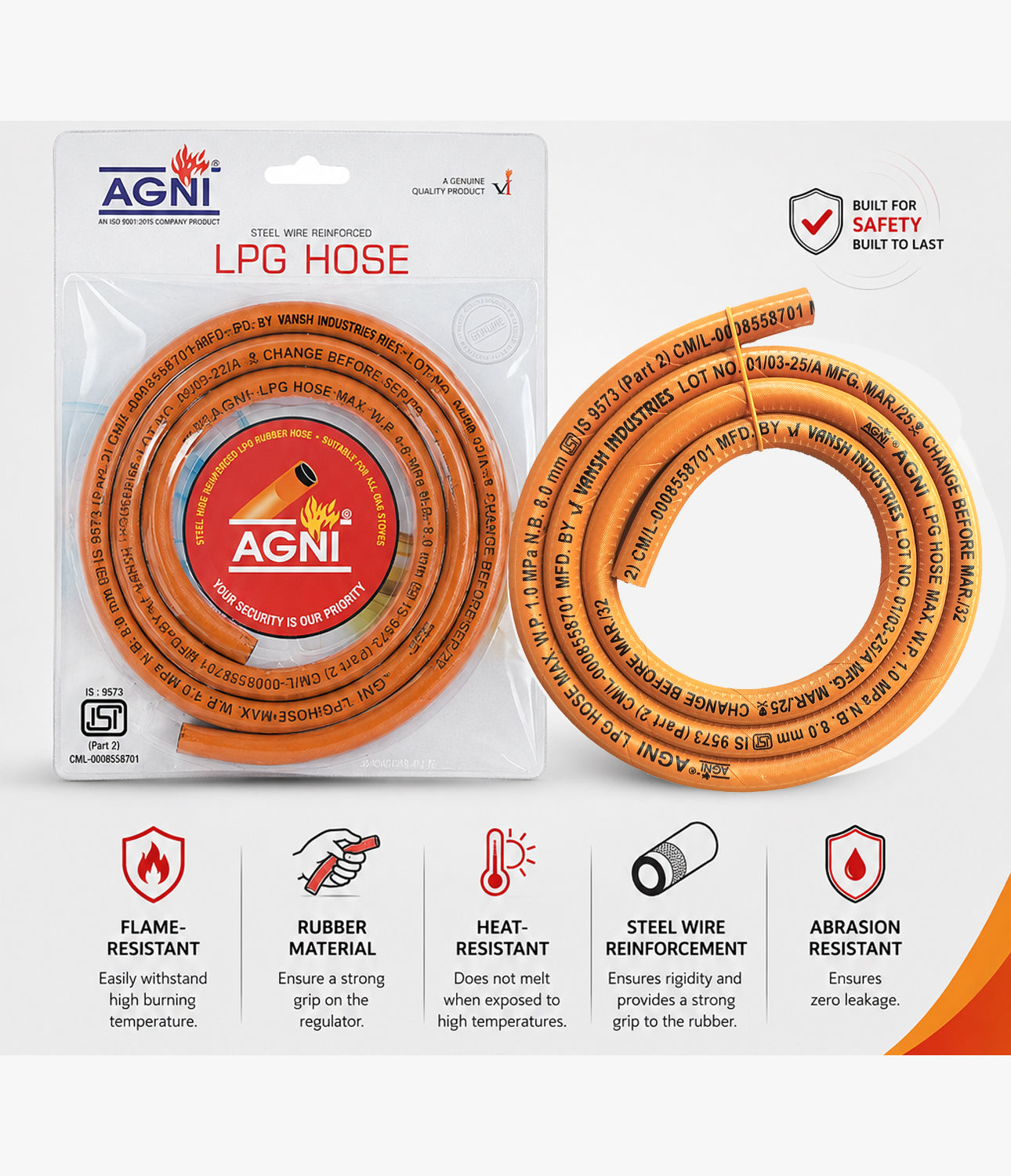 Agni Reinforced Blister LPG | PNG Hose 1.5 Mtr.