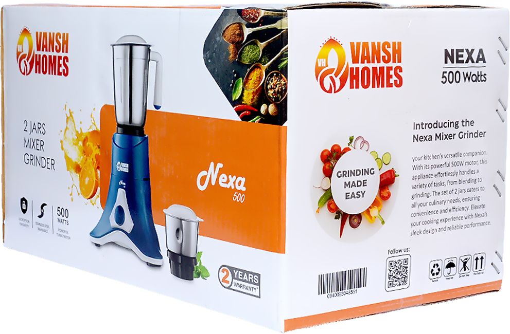 Vansh Homes Appliances 2-Jar Mixer Grinder | 500W Pure Copper Motor | Stainless Steel Jars | Multi-Purpose Grinding & Blending | ISI Certified Kitchen Essential
